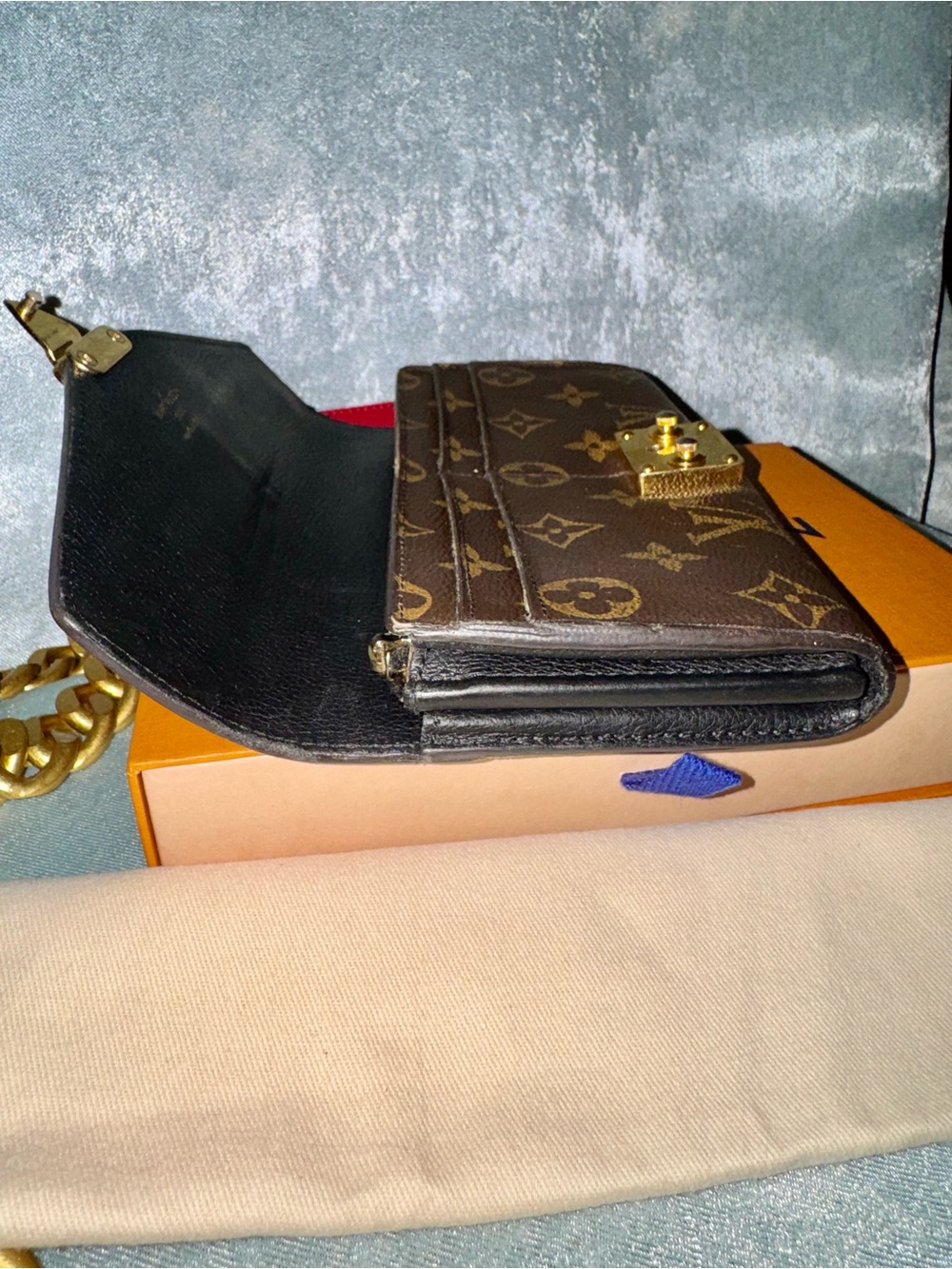 Louis Vuitton Black & Brown Wallet with Gold Hardware & crossbody chain - Picture 6 of 10